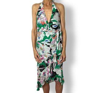 NWT Parker Addie Floral Halter, Front Faux Wrap Tie Skirt Green Midi Dress, Sz 2